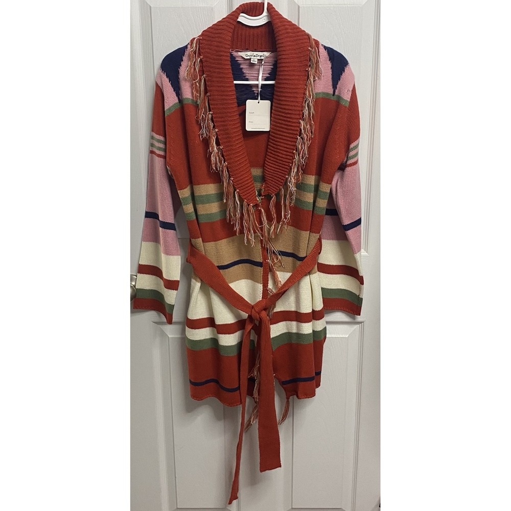 DAVI&DANI Women Open Front Stripe Fringe Western Rust/Pink Cardigan Sweater S